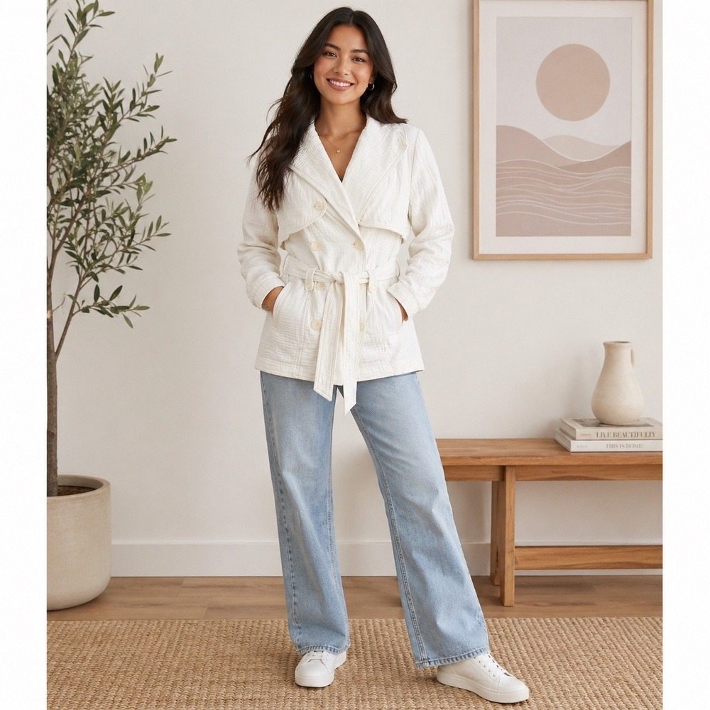 White Belted Trench Jacket Lightweight Cotton Gauze Minimalist Chic Preppy Coat